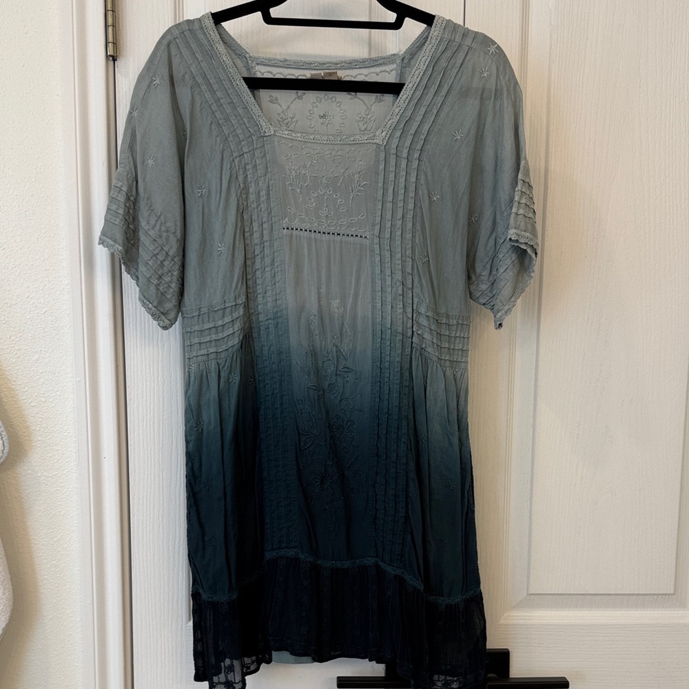 Anthro Holding Horses Ombré Dress XS Blue Embroidered Boho Lace Trim Tunic Dress